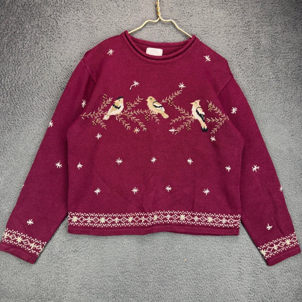 Christopher & Banks Hand Embroidered Bird Sweater Burgundy Womens Large L